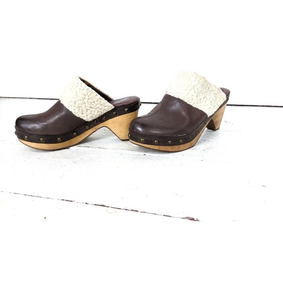 Brown leather Lucky Brand slip on mule clog faux sheepskin sandals - Picture 5 of 9